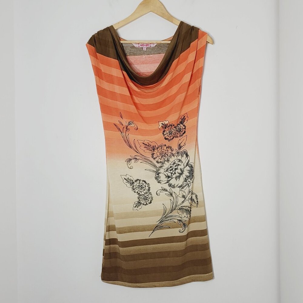 🛍️Smash! Women's Orange & Brown Striped Floral Sleeveless Cowlneck Dress Size M